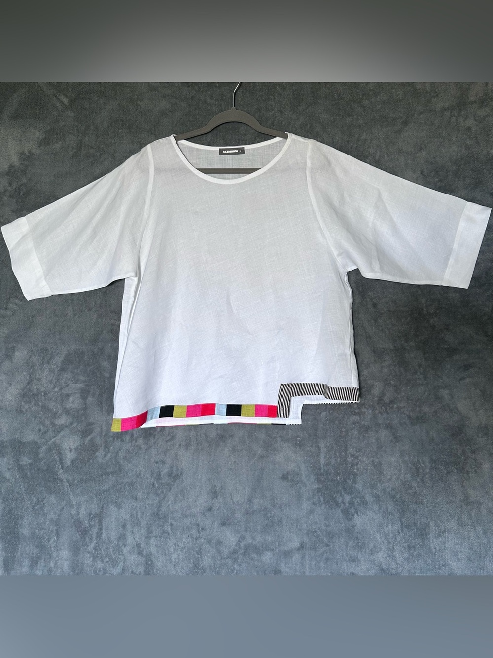 Alembika White Linen Colour Trim Top 3/4 Sleeve Oversized Medium Coastal